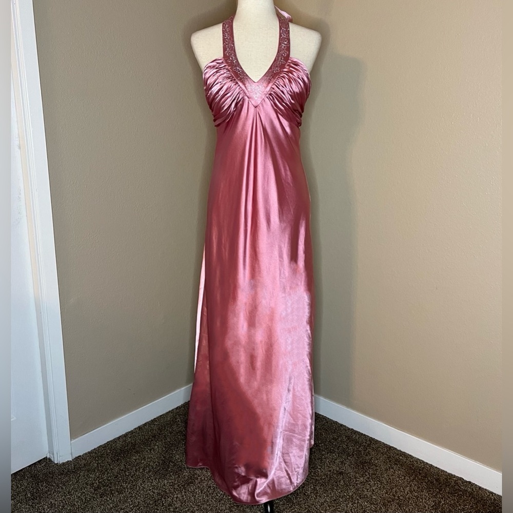 Sally USA Halter Neck Backless Satin Prom Formal Dress Pink, Medium──★